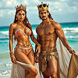 A captivating princess adorned in exquisite gold jewelry, wearing a beautifully crafted bikini and a flowing bottom veil