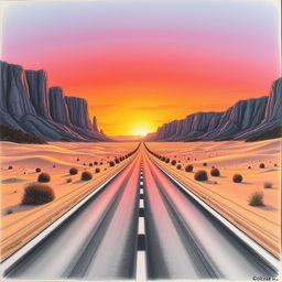 A stunning one-point perspective drawing that showcases a long, straight road leading into a vast desert landscape