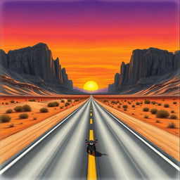 A stunning one-point perspective drawing that showcases a long, straight road leading into a vast desert landscape