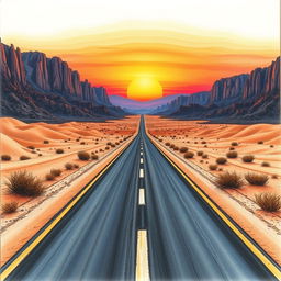 A stunning one-point perspective drawing that showcases a long, straight road leading into a vast desert landscape
