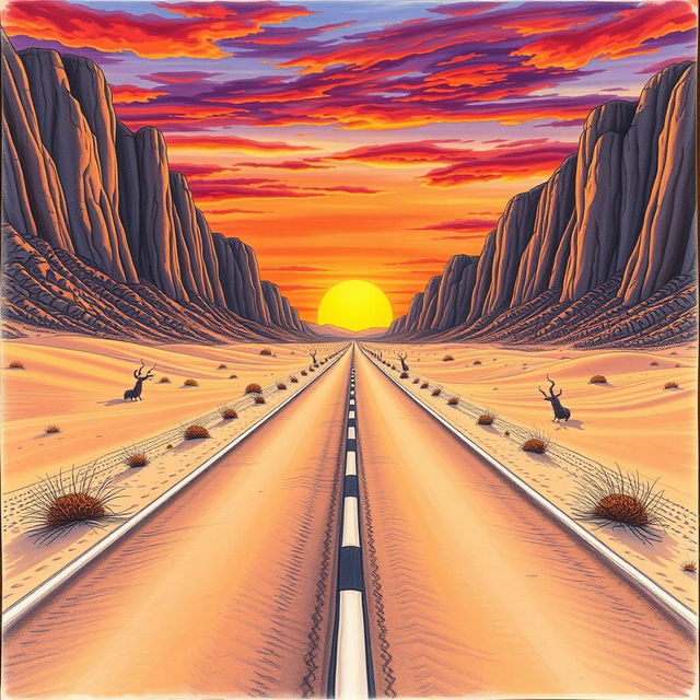 A stunning one-point perspective drawing that showcases a long, straight road leading into a vast desert landscape