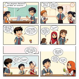 A high-definition, engaging 6-page comic strip set in an Indonesian school, creatively illustrating the interaction and friendship among students of various races, such as Javanese, Balinese, Sundanese, and Bugis