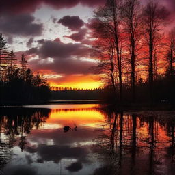 sun setting over a calm, serene lake surrounded by dark silhouetted trees and a glowing sky filled with hues of red, orange, and gold