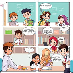 A high-definition, engaging 6-page comic strip set in an Indonesian school, creatively illustrating the interaction and friendship among students of various races, such as Javanese, Balinese, Sundanese, and Bugis