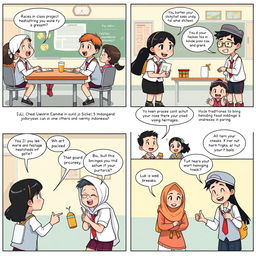 A high-definition, engaging 6-page comic strip set in an Indonesian school, creatively illustrating the interaction and friendship among students of various races, such as Javanese, Balinese, Sundanese, and Bugis