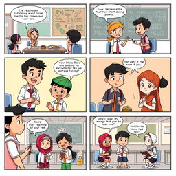 A high-definition, engaging 6-page comic strip set in an Indonesian school, creatively illustrating the interaction and friendship among students of various races, such as Javanese, Balinese, Sundanese, and Bugis