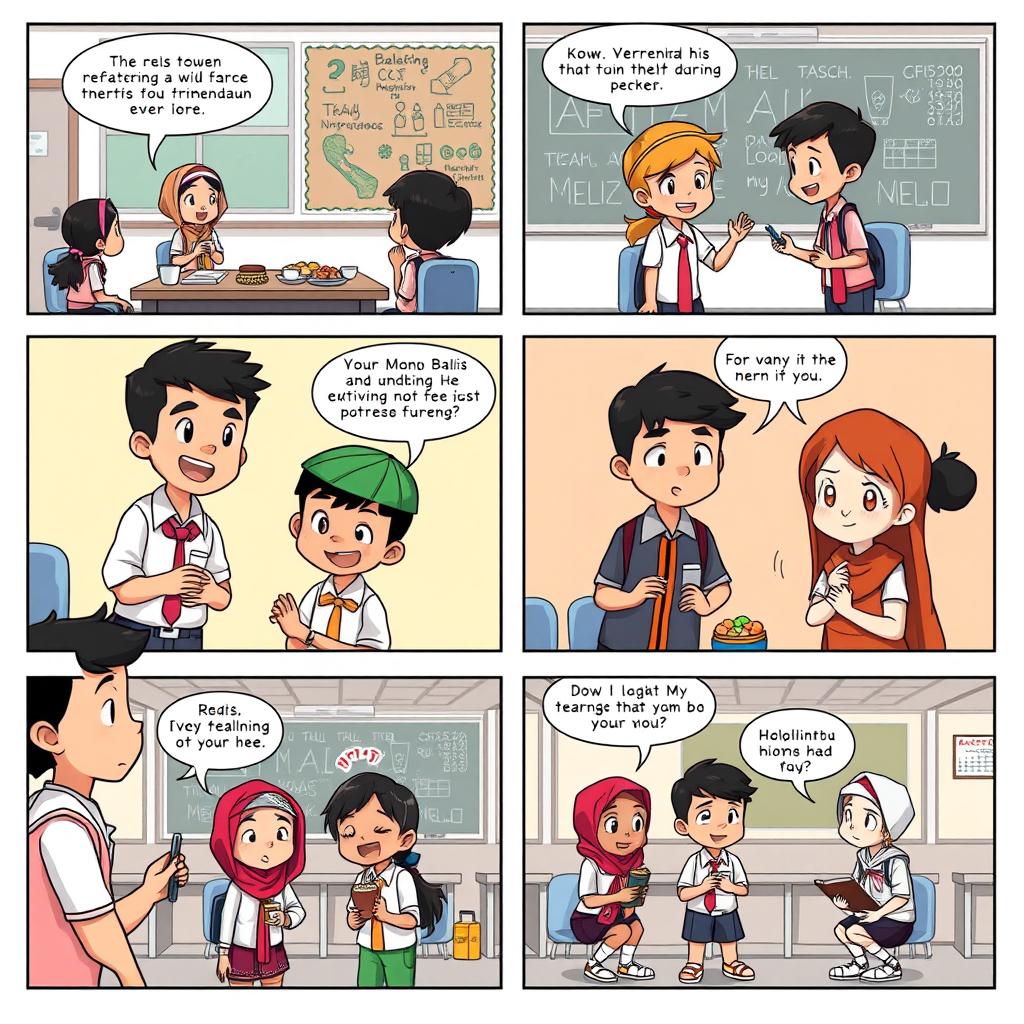 A high-definition, engaging 6-page comic strip set in an Indonesian school, creatively illustrating the interaction and friendship among students of various races, such as Javanese, Balinese, Sundanese, and Bugis
