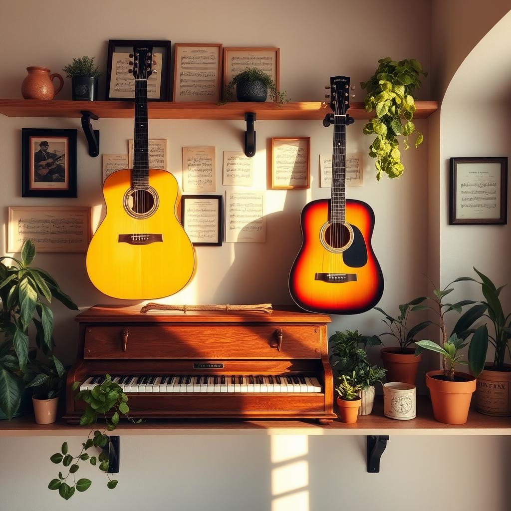 A beautifully arranged shelf featuring a classic piano and an acoustic guitar elegantly hung on the wall