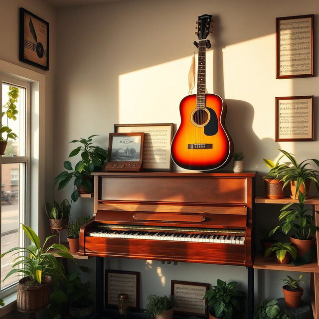 A beautifully arranged shelf featuring a classic piano and an acoustic guitar elegantly hung on the wall
