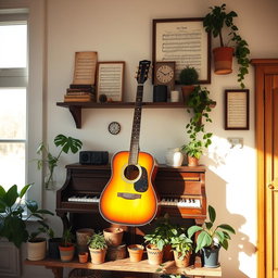 A beautifully arranged shelf featuring a classic piano and an acoustic guitar elegantly hung on the wall