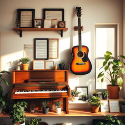A beautifully arranged shelf featuring a classic piano and an acoustic guitar elegantly hung on the wall