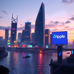 An imaginative and vibrant digital landscape scene depicting futuristic city buildings with sleek designs and neon lights