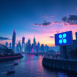 An imaginative and vibrant digital landscape scene depicting futuristic city buildings with sleek designs and neon lights