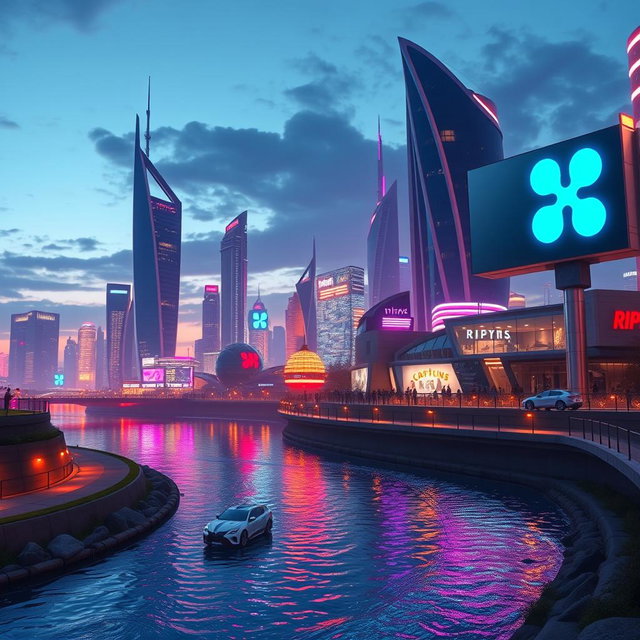 An imaginative and vibrant digital landscape scene depicting futuristic city buildings with sleek designs and neon lights