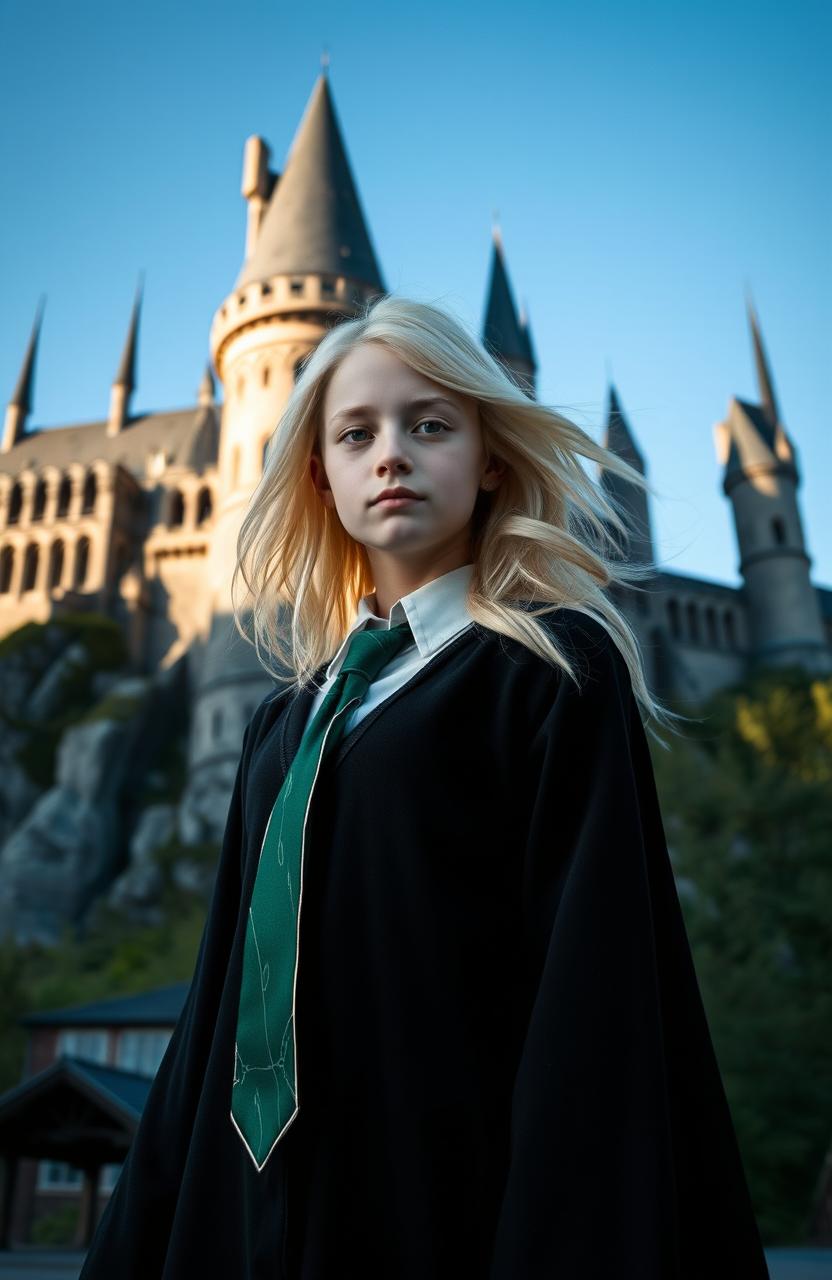 A Slytherin girl with striking pale blonde hair stands confidently facing the magnificent Hogwarts castle