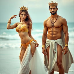 A radiant princess wearing exquisite gold jewelry, in a beautifully crafted bikini with a flowing bottom veil