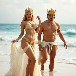 A radiant princess wearing exquisite gold jewelry, in a beautifully crafted bikini with a flowing bottom veil