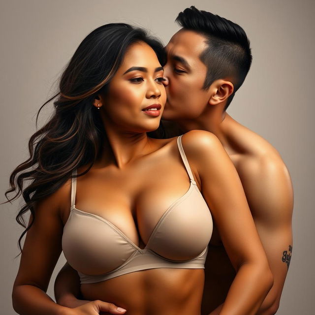 A 39-year-old Indonesian man with pure white skin is embracing a beautiful 28-year-old woman from behind, showcasing deep affection as he kisses her cheek