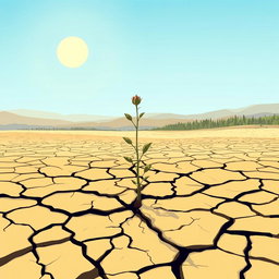 An artistic illustration depicting the concept of scarcity, featuring a barren landscape with a cracked earth representing drought