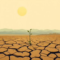 An artistic illustration depicting the concept of scarcity, featuring a barren landscape with a cracked earth representing drought