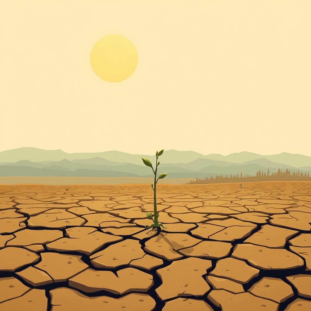 An artistic illustration depicting the concept of scarcity, featuring a barren landscape with a cracked earth representing drought