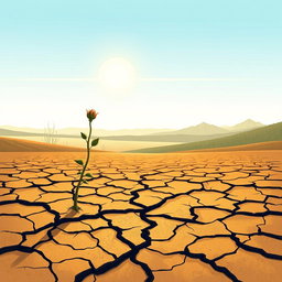 An artistic illustration depicting the concept of scarcity, featuring a barren landscape with a cracked earth representing drought