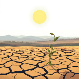 An artistic illustration depicting the concept of scarcity, featuring a barren landscape with a cracked earth representing drought
