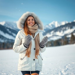 A fashionable woman enjoying a winter day, dressed in a stylish, warm snow outfit that includes a fluffy white parka jacket with a fur-lined hood, cozy knit gloves, a chunky knitted scarf, and stylish, insulated snow boots