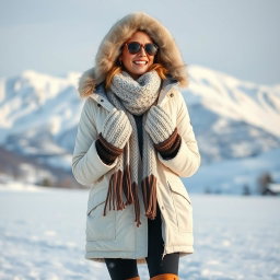 A fashionable woman enjoying a winter day, dressed in a stylish, warm snow outfit that includes a fluffy white parka jacket with a fur-lined hood, cozy knit gloves, a chunky knitted scarf, and stylish, insulated snow boots
