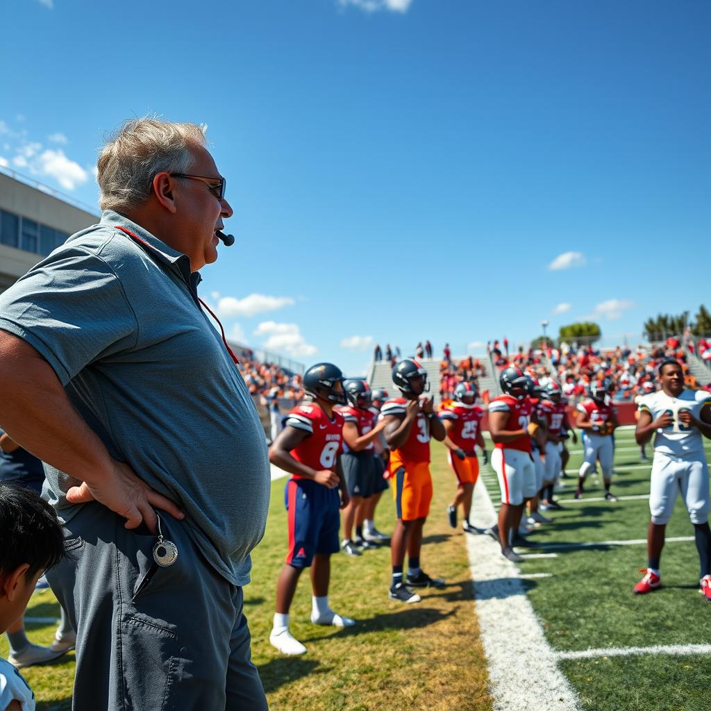 A motivational scene depicting a passionate coach on the sidelines of a sports field, passionately encouraging a diverse group of athletes during a training session