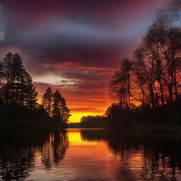 sun setting over a calm, serene lake surrounded by dark silhouetted trees and a glowing sky filled with hues of red, orange, and gold