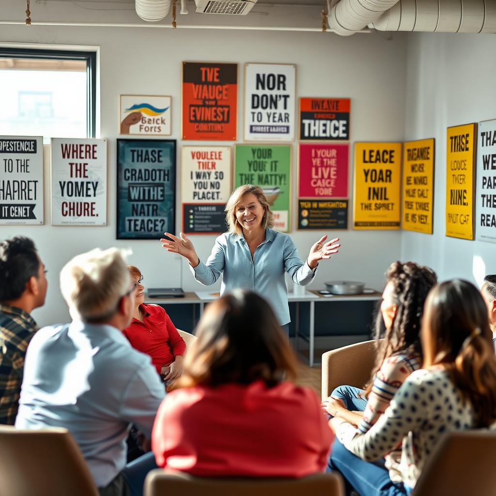 A motivational coaching scene capturing an inspiring and successful coach passionately guiding a diverse group of individuals in a dynamic and engaging environment