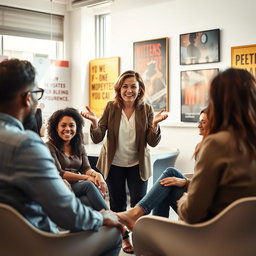 A motivational coaching scene capturing an inspiring and successful coach passionately guiding a diverse group of individuals in a dynamic and engaging environment