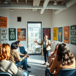 A motivational coaching scene capturing an inspiring and successful coach passionately guiding a diverse group of individuals in a dynamic and engaging environment