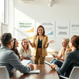 A motivational coaching scene depicting a successful coach in a vibrant, modern setting, passionately leading a diverse group of individuals