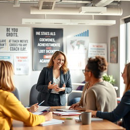 A motivational coaching scene depicting a successful coach in a vibrant, modern setting, passionately leading a diverse group of individuals