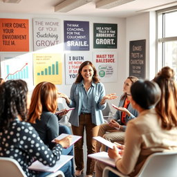 A motivational coaching scene depicting a successful coach in a vibrant, modern setting, passionately leading a diverse group of individuals