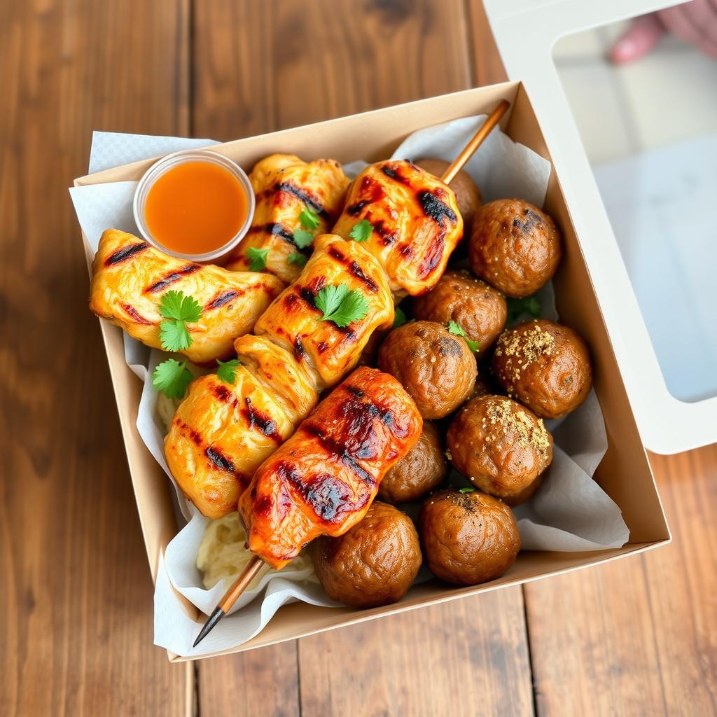 A beautifully arranged box containing delicious kebab chicken and meatballs