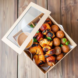 A beautifully arranged box containing delicious kebab chicken and meatballs