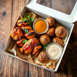 A beautifully arranged box containing delicious kebab chicken and meatballs