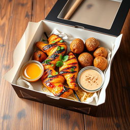 A beautifully arranged box containing delicious kebab chicken and meatballs