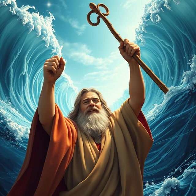 A realistic selfie of Moses dramatically parting the Red Sea, with towering walls of water on either side