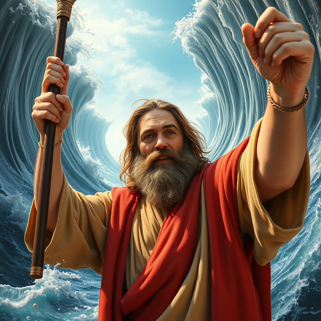 A realistic selfie of Moses dramatically parting the Red Sea, with towering walls of water on either side