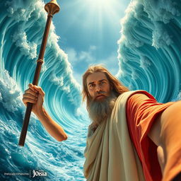 A realistic selfie of Moses dramatically parting the Red Sea, with towering walls of water on either side