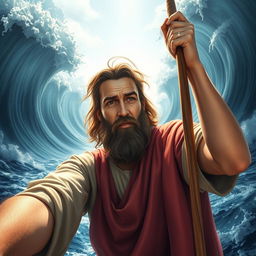 A realistic selfie of Moses dramatically parting the Red Sea, with towering walls of water on either side