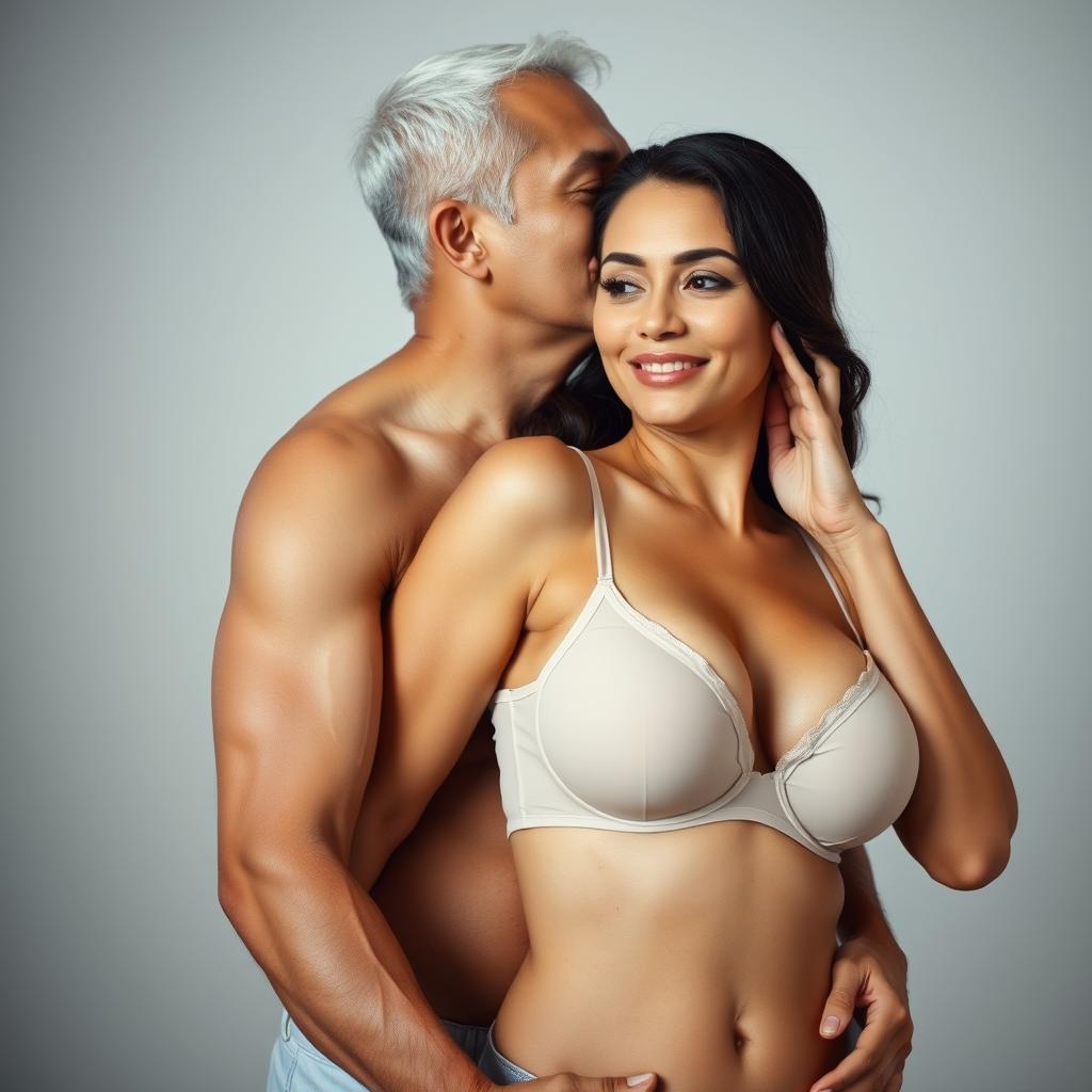 A 39-year-old Indonesian man with pure white skin is embracing a beautiful 28-year-old woman from behind, showing deep affection as he kisses her cheek