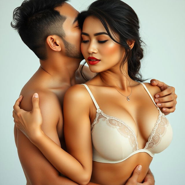 A 39-year-old Indonesian man with pure white skin is embracing a beautiful 28-year-old woman from behind, showing deep affection as he kisses her cheek