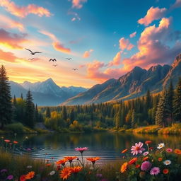 A beautifully detailed and colorful fantasy landscape featuring a serene lake surrounded by lush, vibrant forests and majestic mountains in the background