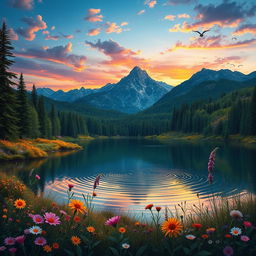 A beautifully detailed and colorful fantasy landscape featuring a serene lake surrounded by lush, vibrant forests and majestic mountains in the background