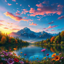 A beautifully detailed and colorful fantasy landscape featuring a serene lake surrounded by lush, vibrant forests and majestic mountains in the background